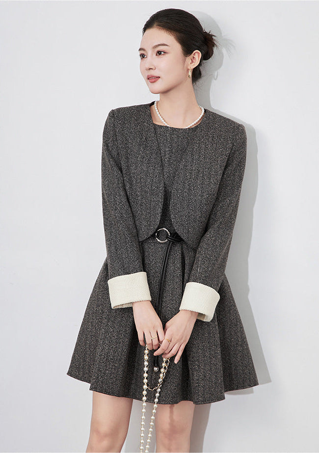 Modern Color-Block Jacket & Chanel-Inspired Pleated Dress Set