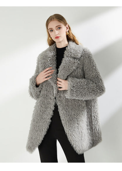 Large Collar Faux Fur Coat with Pockets