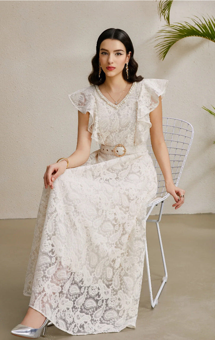 Ruffled Sleeve Beaded Belted Tulle Maxi Dress