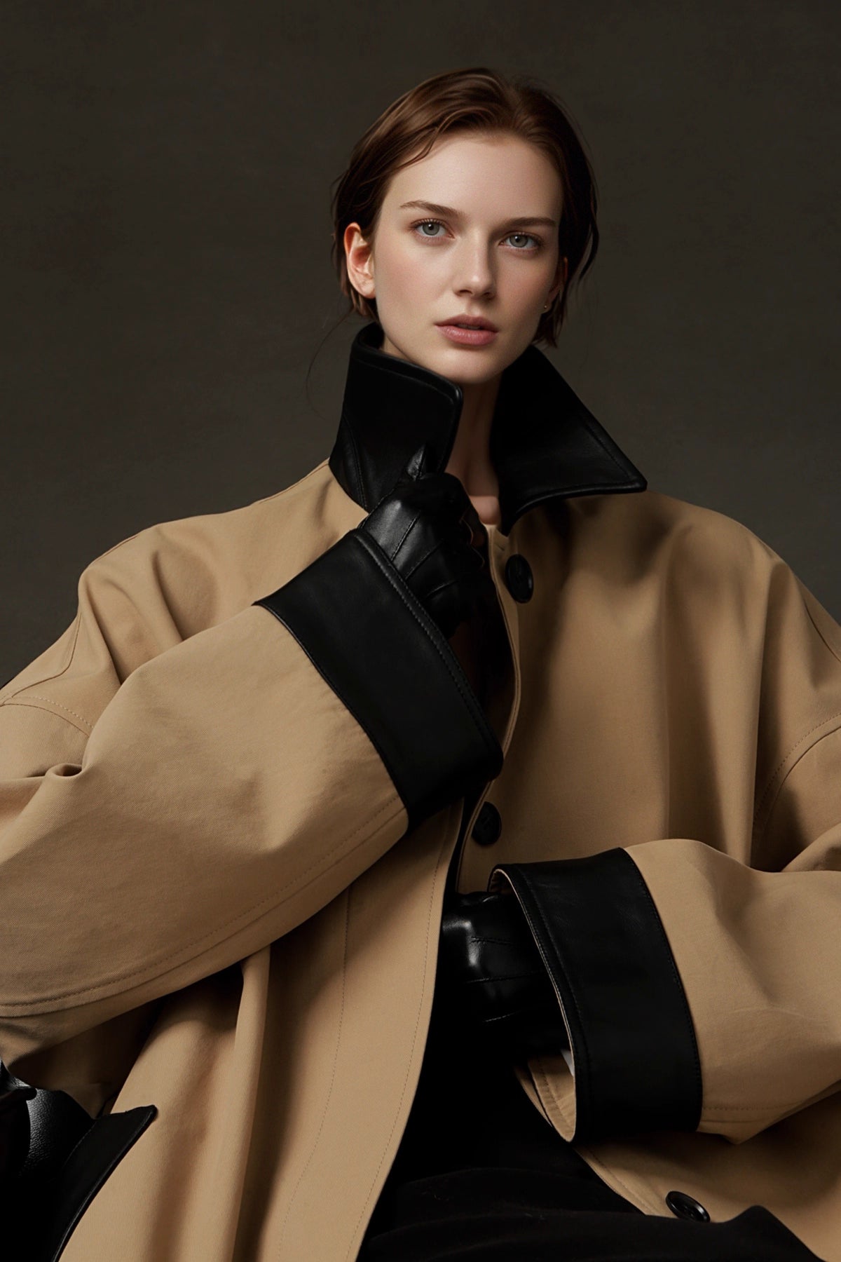 Leather-Trimmed Polo Collar Oversized Long Trench Coat
