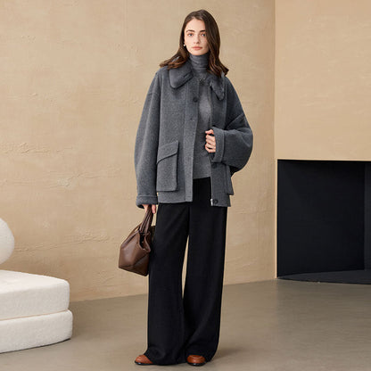 Short Alpaca Wool-Blend Coat with Rex Fur Collar