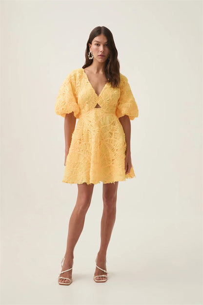 Textured Short Puff Sleeve A-Line Dress