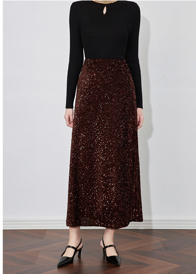 Velvet-Shine Sequin A-Line Midi Skirt