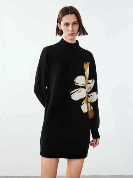 Floral Pattern Wool Midi Dress with Mock Neck
