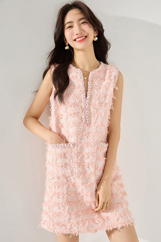 Pink Sleeveless Fringe Mini Dress – French-Inspired Spring Charm