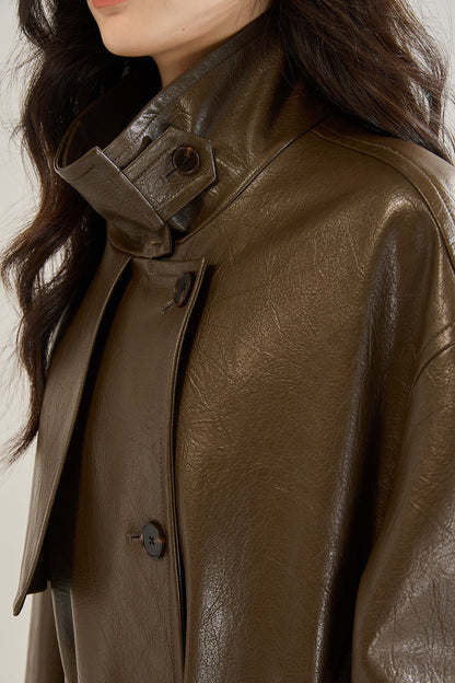 Retro Long Faux Leather Coat
