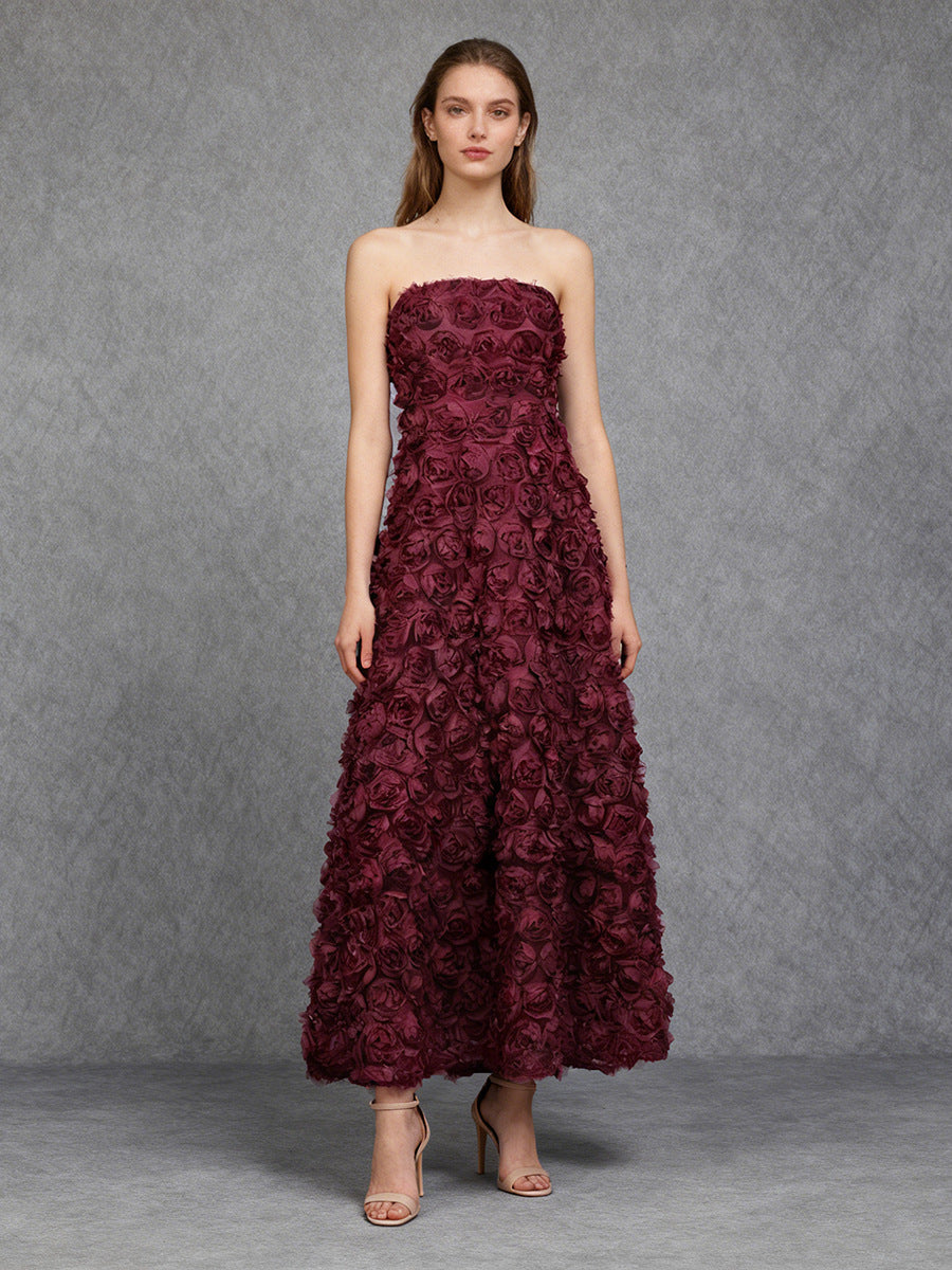 Burgundy 3D Floral Strapless Maxi Dress