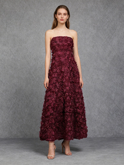 Burgundy 3D Floral Strapless Maxi Dress