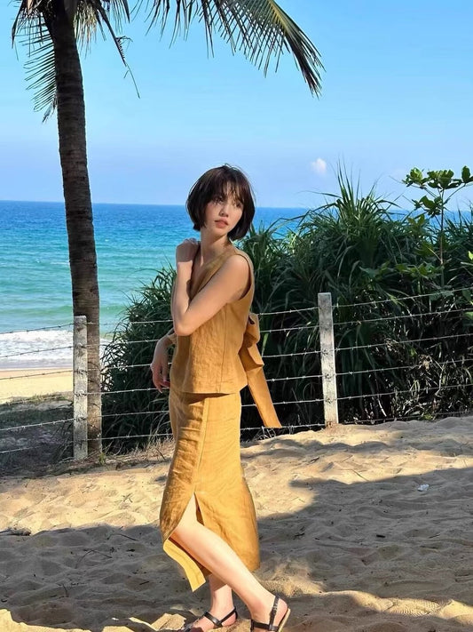 Linen Two-Piece Summer Set with Bow-Tie Back