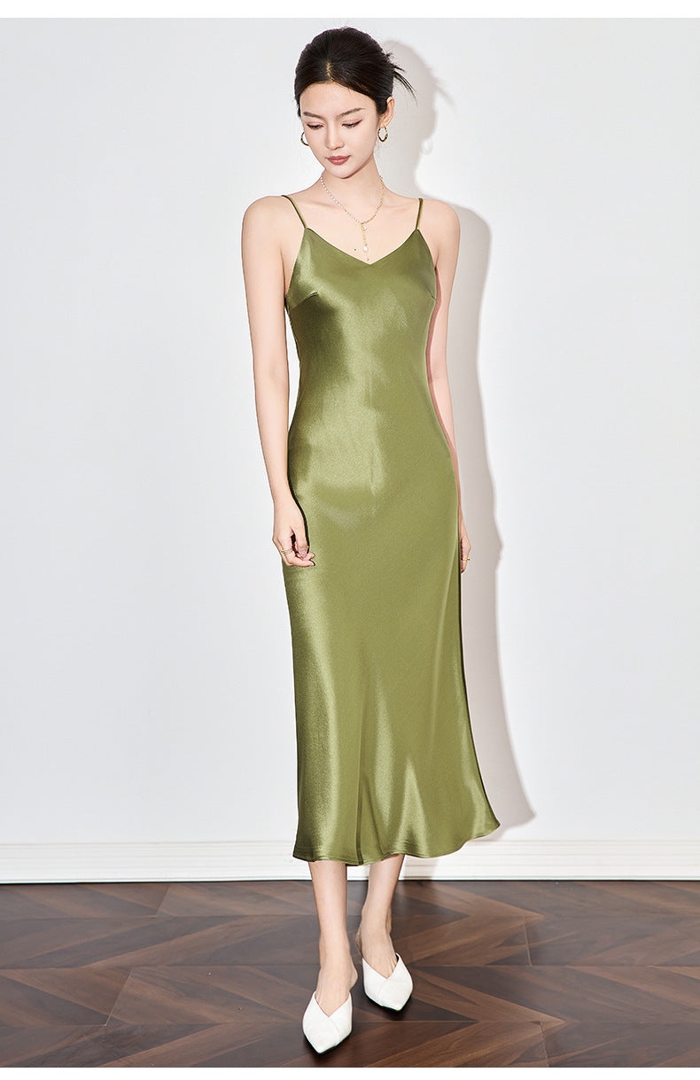 Satin-Texture Acetate Slip Dress with Spaghetti Straps