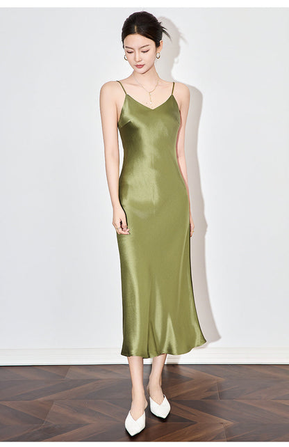 Satin-Texture Acetate Slip Dress with Spaghetti Straps