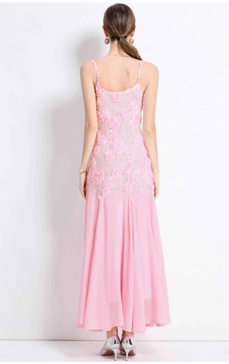 French 3D Floral Strappy High-Waist Mermaid Maxi Dress