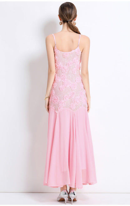 French 3D Floral Strappy High-Waist Mermaid Maxi Dress