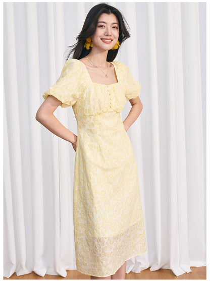 Yellow Square Neck Embossed Floral Cotton Midi Dress