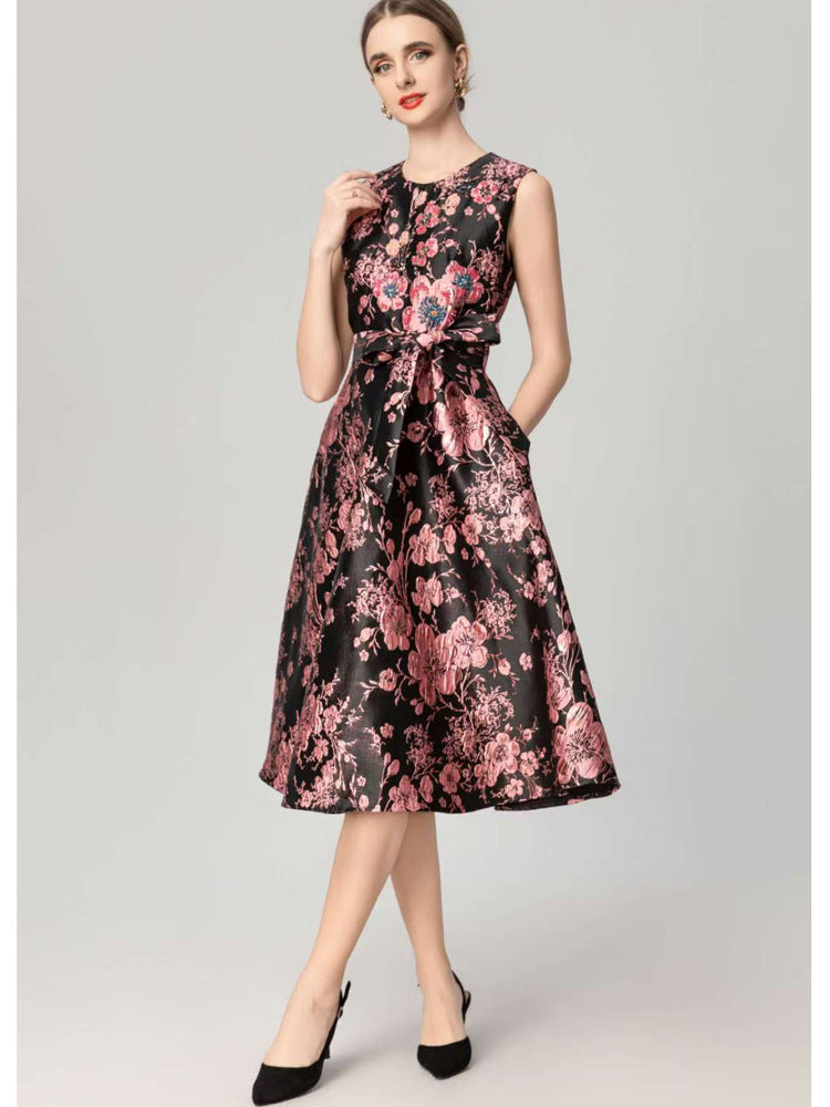 Floral Embroidered Jacquard Ruffle Dress