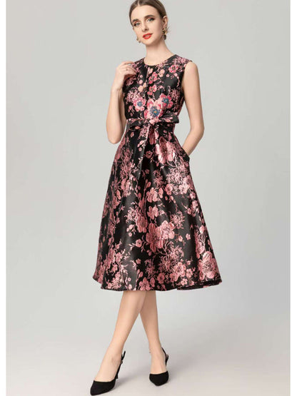 Floral Embroidered Jacquard Ruffle Dress