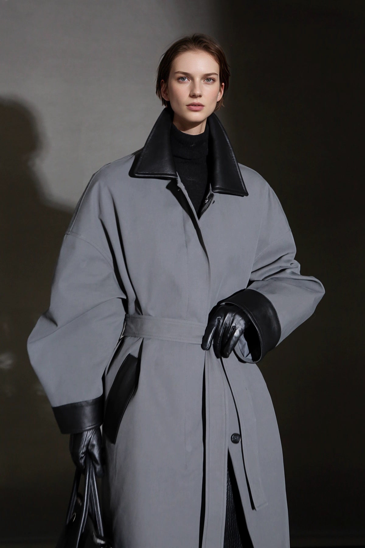 Leather-Trimmed Polo Collar Oversized Long Trench Coat