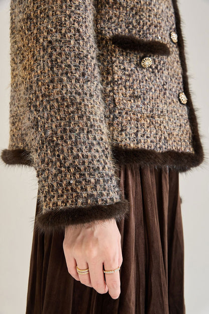 Luxury Tweed Short Puffer Jacket with White Duck Down Filling