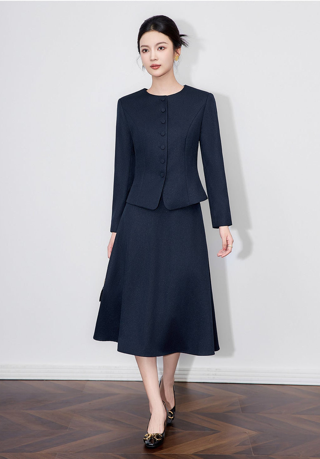 Luminous Texture Two-Piece Blazer & Midi Skirt Set