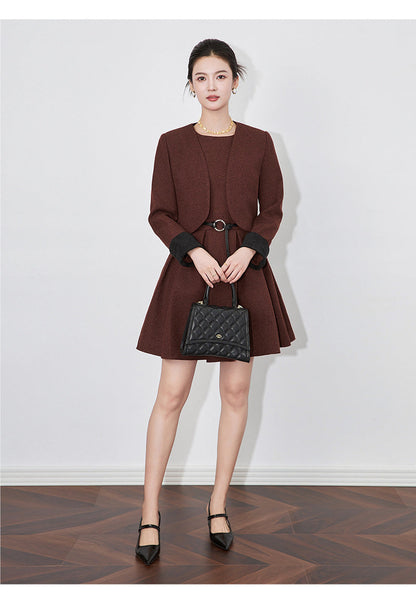 Modern Color-Block Jacket & Chanel-Inspired Pleated Dress Set