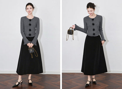 3D Floral Knit Top + Velvet Skirt Set – Elegant French Winter Ensemble