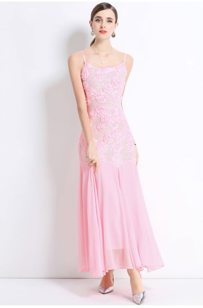 French 3D Floral Strappy High-Waist Mermaid Maxi Dress