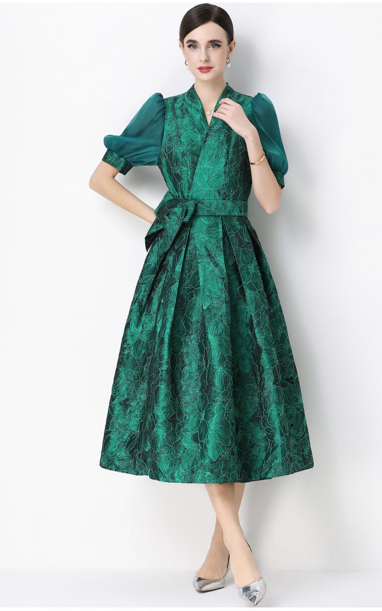 Jacquard Puff Sleeve V-Neck Maxi Dress