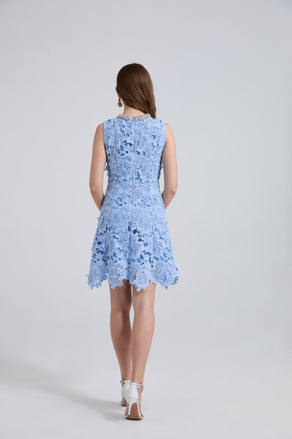 Blue Lace Mini Dress with Pearl Details