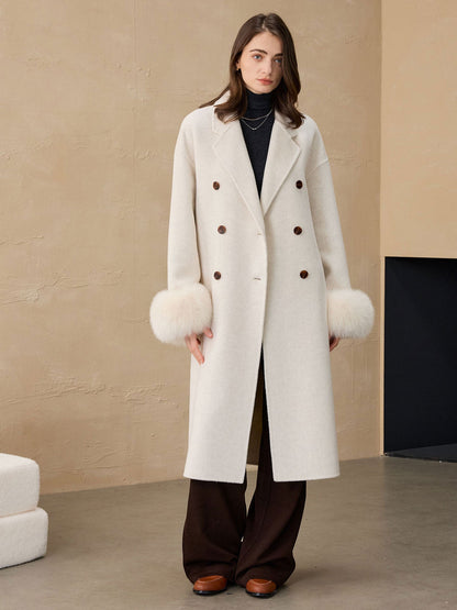 Alpaca Wool Long Coat with Fur Collar & Wide Sleeves