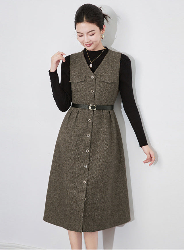 Retro Wool-Blend Vest Midi Dress + Knit Sweater Set