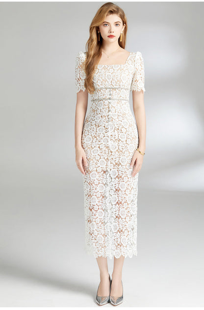 Square Neck Floral Lace Midi Dress