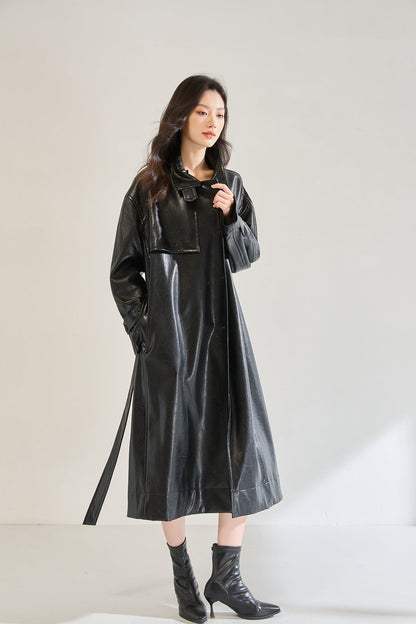 Retro Long Faux Leather Coat
