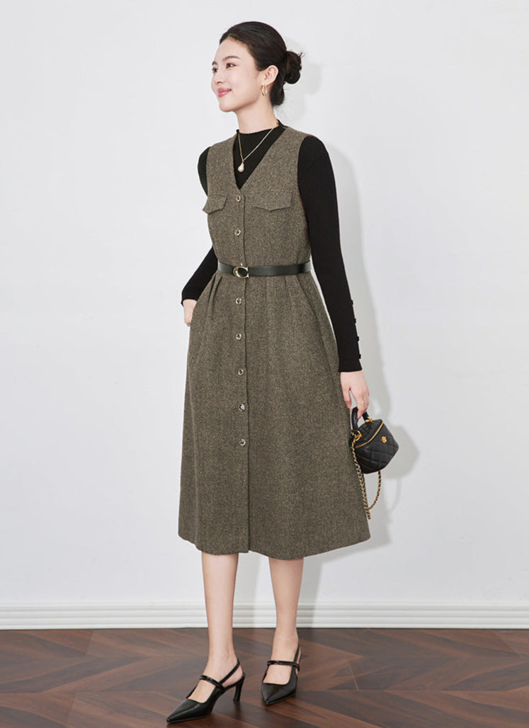 Retro Wool-Blend Vest Midi Dress + Knit Sweater Set