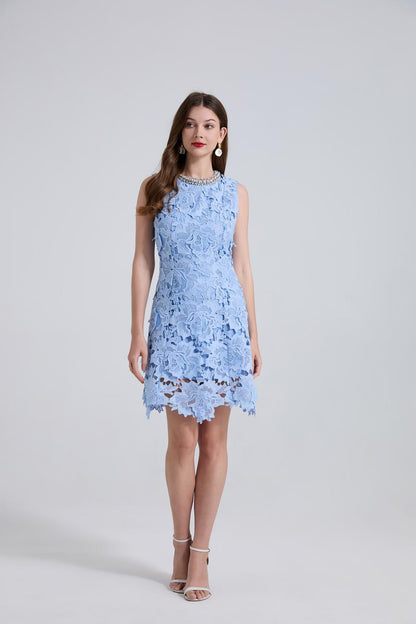 Blue Lace Mini Dress with Pearl Details