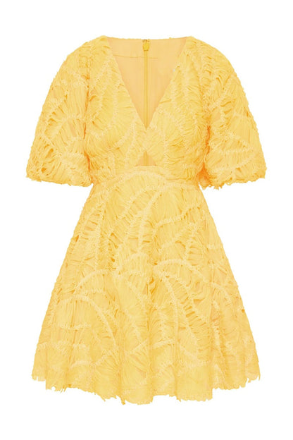 Textured Short Puff Sleeve A-Line Dress