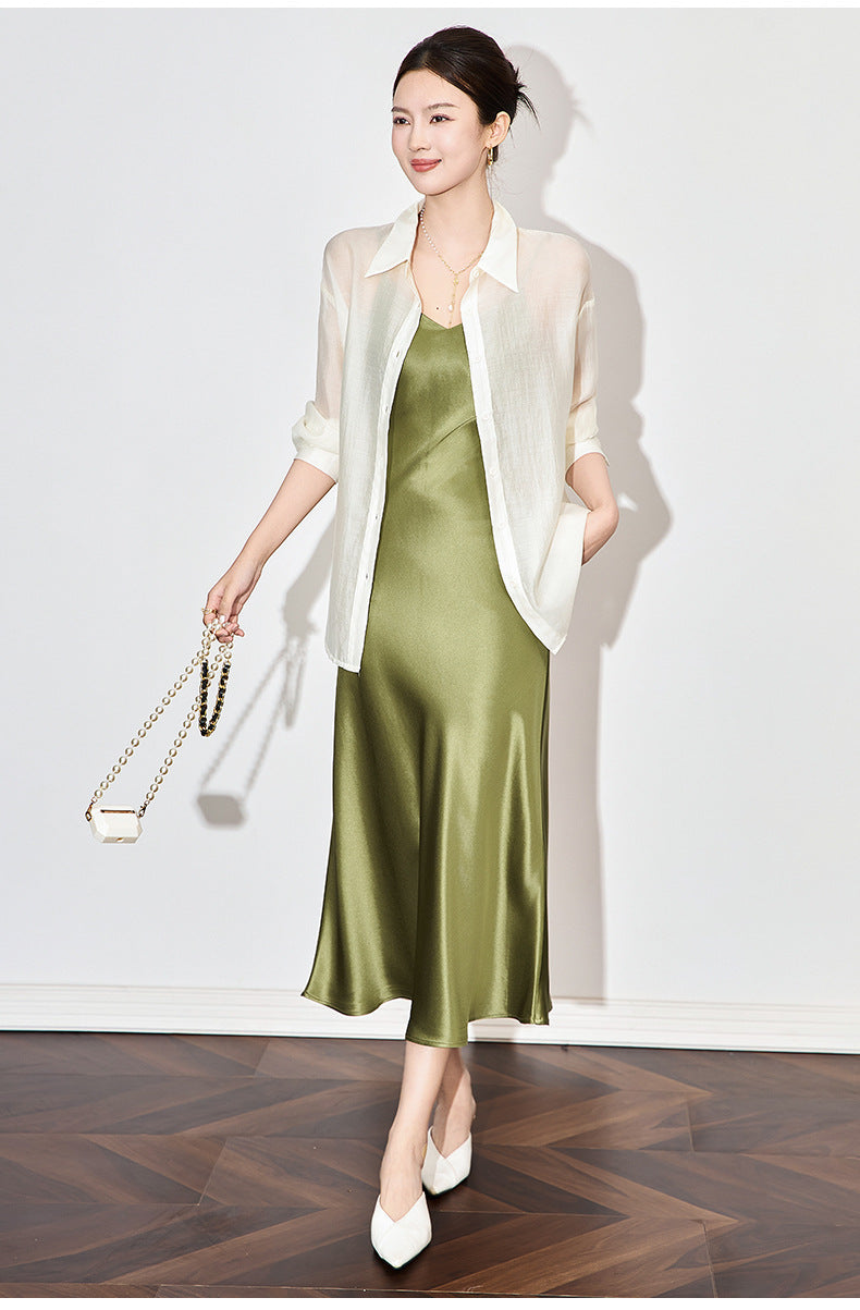 Satin-Texture Acetate Slip Dress with Spaghetti Straps