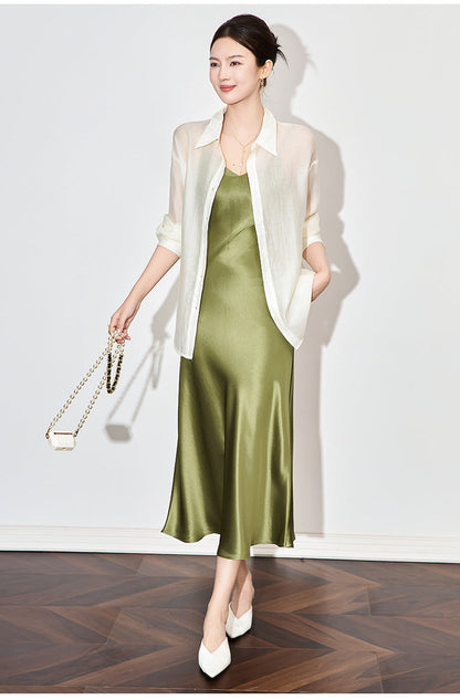 Satin-Texture Acetate Slip Dress with Spaghetti Straps