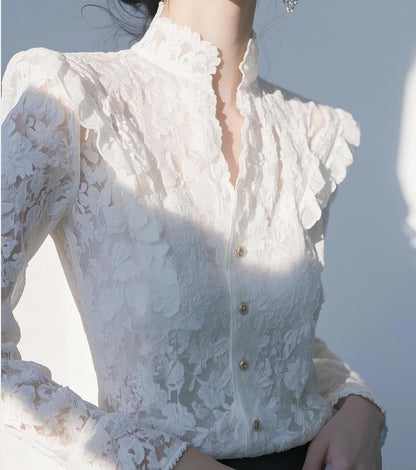 French Elegance White Lace Shirt