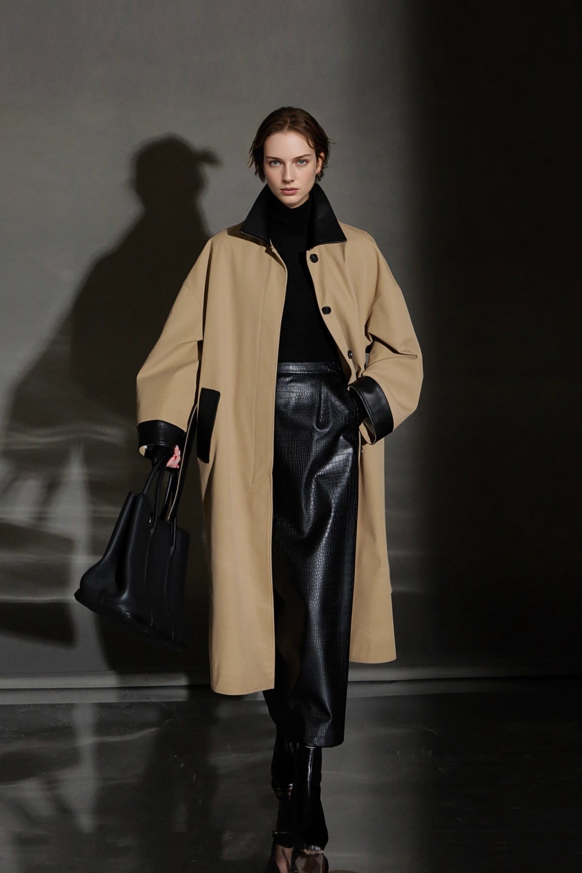 Leather-Trimmed Polo Collar Oversized Long Trench Coat