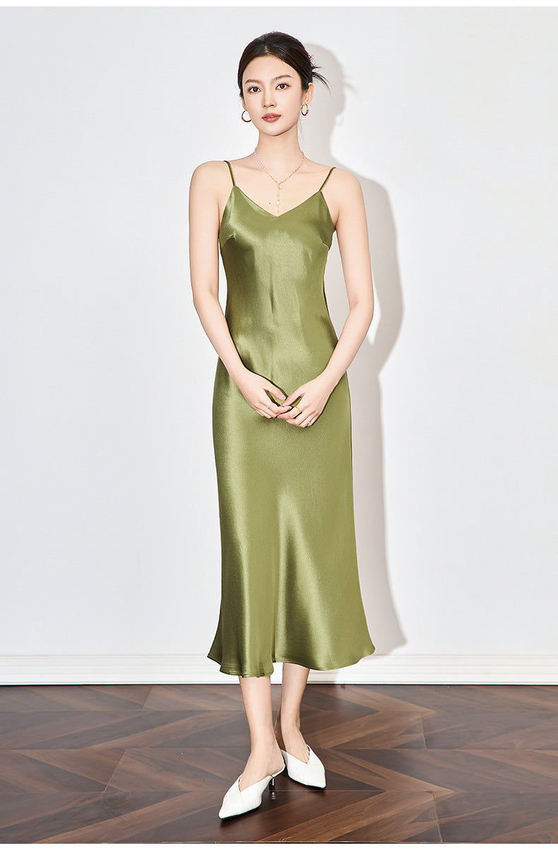Satin-Texture Acetate Slip Dress with Spaghetti Straps