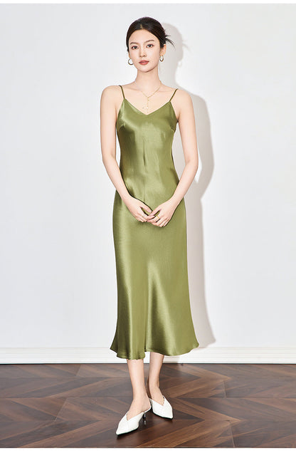 Satin-Texture Acetate Slip Dress with Spaghetti Straps