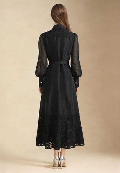 Lace Collar Lantern Sleeve Midi Dress