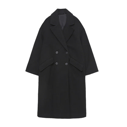 Double-Breasted Cotton Blend Long Coat – Relaxed Fit, Lightweight Warmth