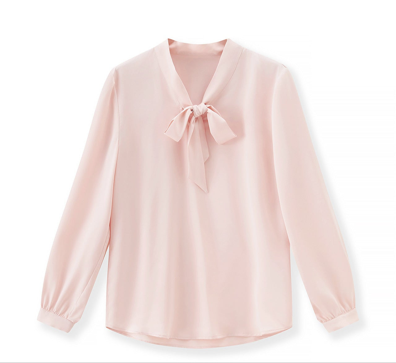 Powder Elegance Satin Bow-Tie Blouse – French-Inspired Sophistication
