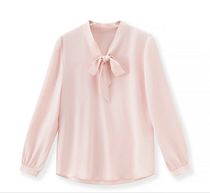 Powder Elegance Satin Bow-Tie Blouse – French-Inspired Sophistication