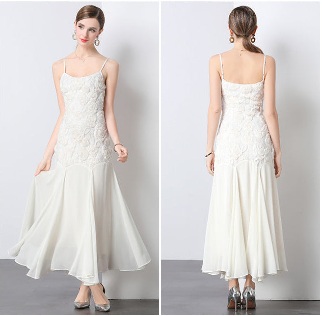 French Rose Embroidered Mermaid Strappy Maxi Dress