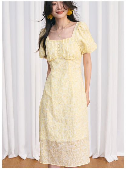 Yellow Square Neck Embossed Floral Cotton Midi Dress