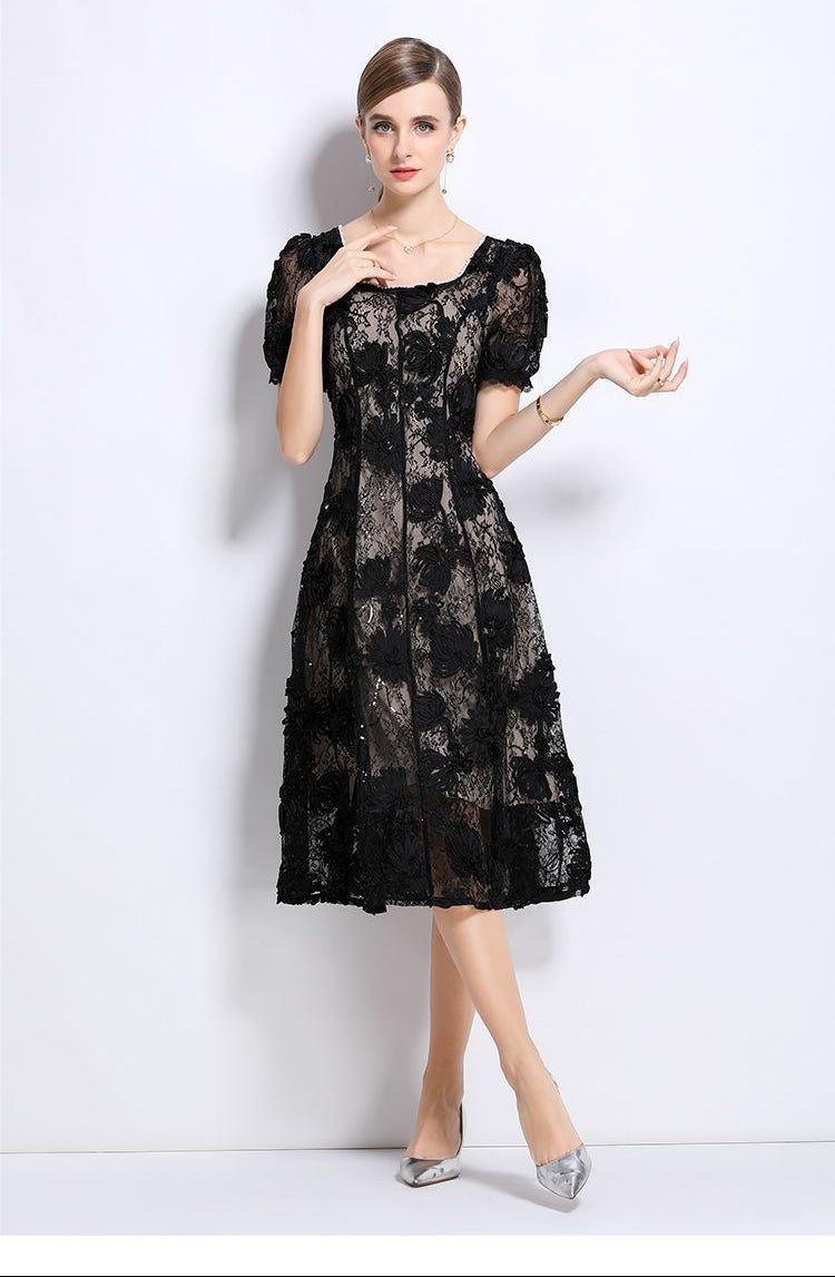 Elegant Black Dress with Puff Sleeves