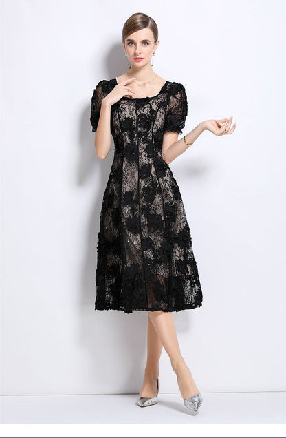 Elegant Black Dress with Puff Sleeves