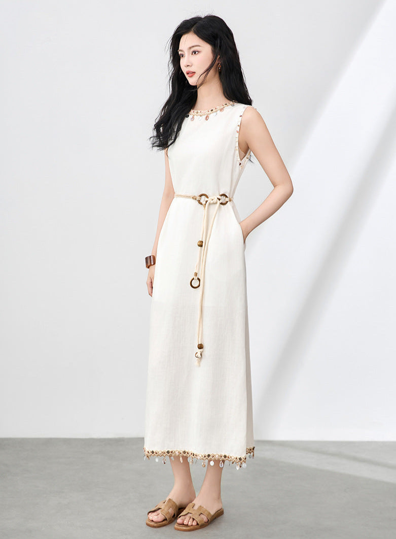 Boho Linen-Tencel Dress with Shell Detail and Removable Buckle Necklace